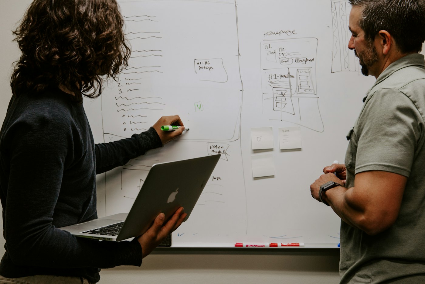 Two colleagues planning on a whiteboard